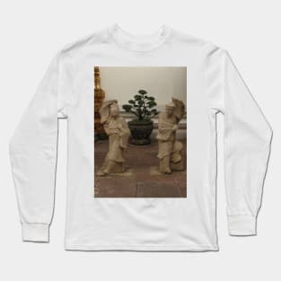 Stone sculptures from Asian woman and man at Wat Pho Buddha temple. 2 Long Sleeve T-Shirt